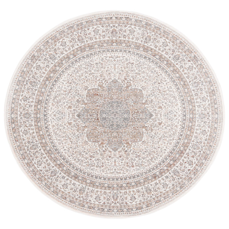 Tapis oriental en polyester / viscose tissé à la machine Sorrels en ivoire / gris / beige, Rond 6 pi 3 po