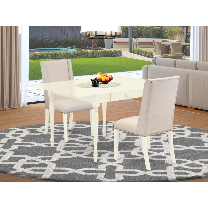 3 Piece Dining Set Contains a Rectangle Dining Room Table with Dropleaf and 2 Cream Linen Fabric Upholstered Chairs, Linen White