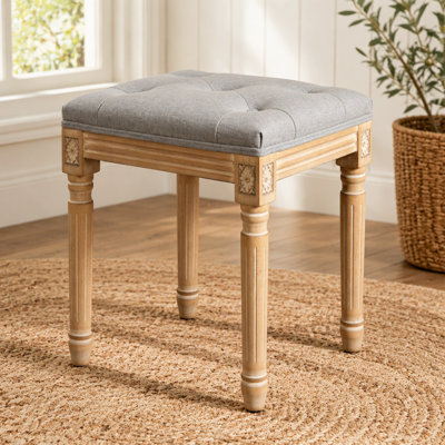 Tabouret de coiffeuse touffeté avec revêtement en lin et pieds sculptés en bois massif, banc d'habillage pour chambre à coucher, gris