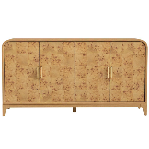 Four-door sideboard cabinet featuring a light wood finish with a patterned burl wood grain and vertical brass hardware pulls.