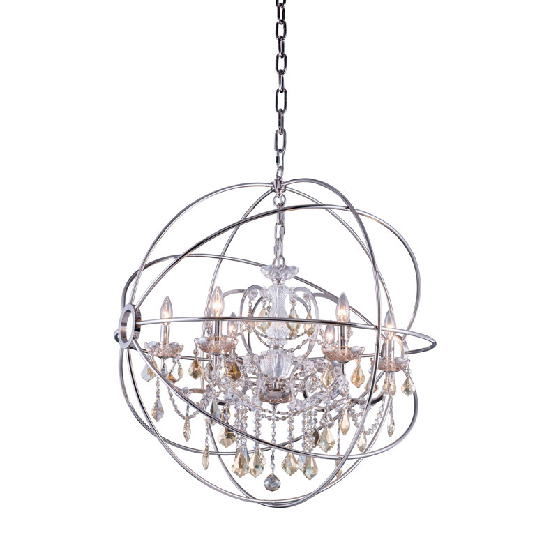 Svante 6 - Light Candle Style Globe Chandelier with Crystal Accents, Golden Teak (Smoky), Polished Nickel