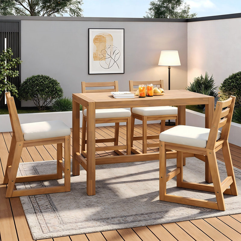 Ensemble de bar rustique 5 pièces avec chaises ergonomiques et plateau en lattes de bois massif pour les repas à l'extérieur et les petits espaces