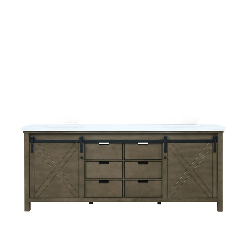 Marsyas 80 in W x 22 in D Double Bath Vanity Top, White Quartz, Rustic Brown