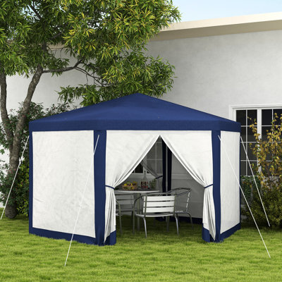 Abri solaire hexagonal d'extérieur de 4 m x 3,3 m, bleu avec parois latérales en filet de protection. Idéal pour le camping, les événements, la protection, les cordes et les piquets, deux entrées zippées, parois latérales ombragées. Parfait pour les événements.