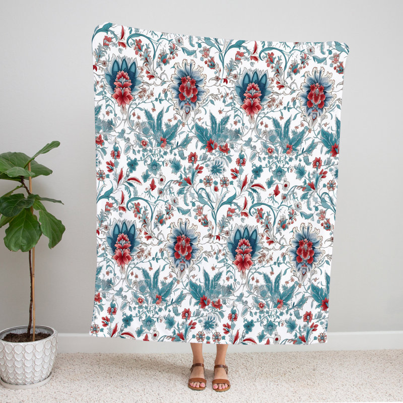 Throw Blanket, 68" W x 80" L, Floral/Abstract, Blue/Red