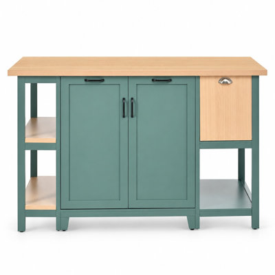 57.8-Inch Freestanding Kitchen Island with Wood-Grain Laminate Countertop, Three Drawers, Two Cabinet Doors, Adjustable Interior Shelf and Open Side Shelves