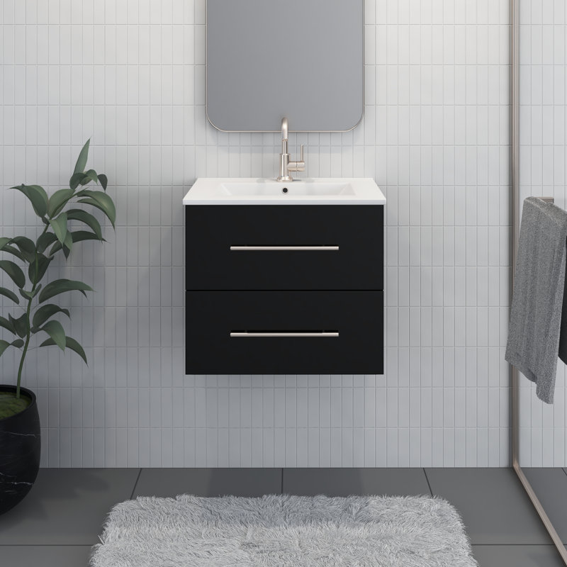 Abdirahman 24'' Single Bathroom Vanity with Ceramic Top, Glossy Black