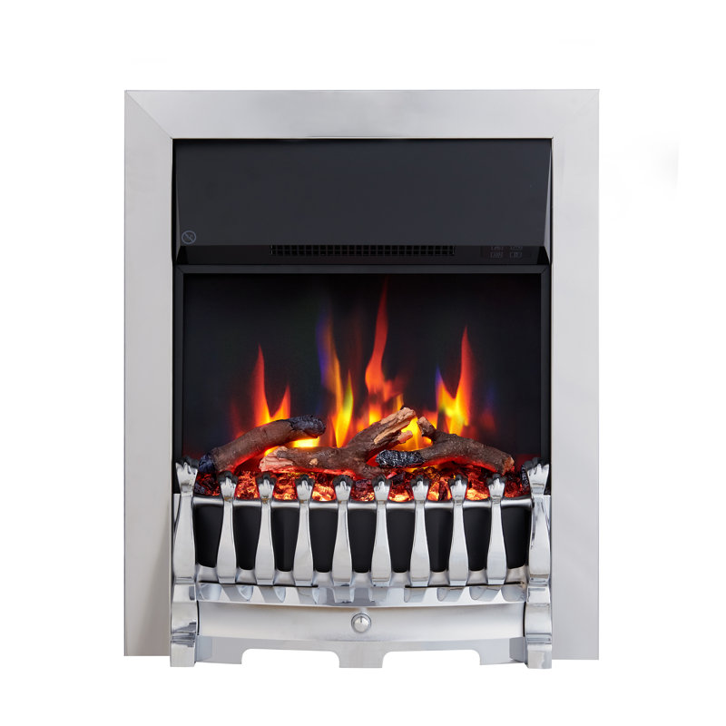 FLAMEKO Verona Electric Fireplace Insert, Logs and Black Chips Included 2kW Heater, Blenheim Fret with Spacer, Remote, Chrome