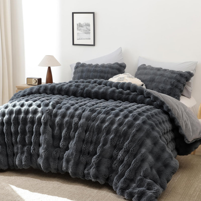 Yikush Fluffy Comforter Set 3 Pieces- Ultra Soft & Warm Faux Fur Comforter With Two Pillowcases For Winter, Dark Gray