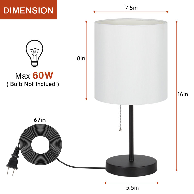 Modern Bedside Desk Lamp Pull Chain with white fabric shade for Bedroom Office Dorm