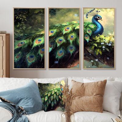 «Royal Peacock Feather Show I», art mural encadré paon - ensemble de 3