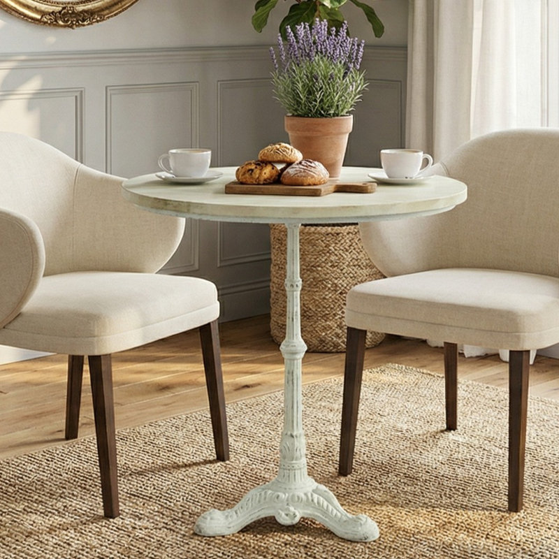 Rustic White 30-Inch Round Bistro Table Compact Dining Table for Small Spaces, White, Beige