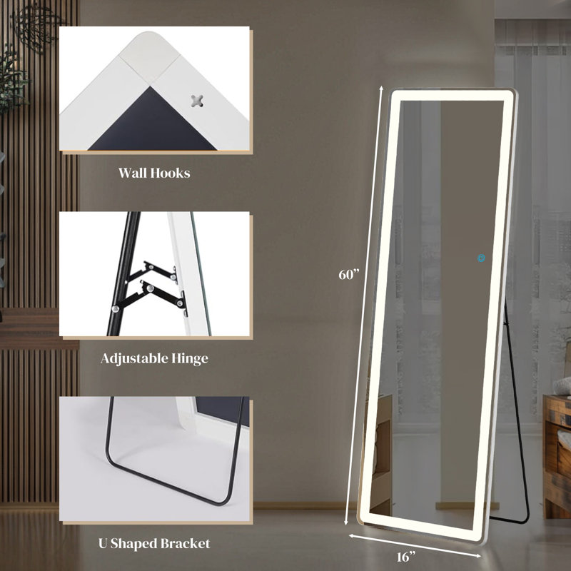 64" Wall Mounted Freestanding Hanging Mirror Full Length Floor Mirror With Light For Bedroom, 60" x 16"