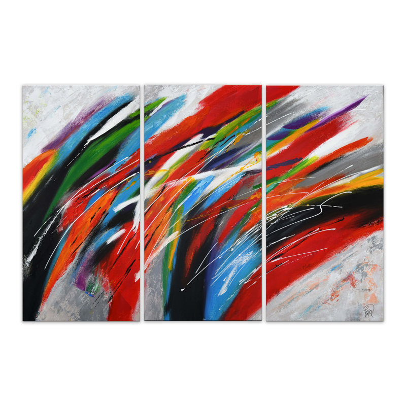 Belvin Abstract Multicolor Wave Tris - 3 Piece Wrapped Canvas Painting
