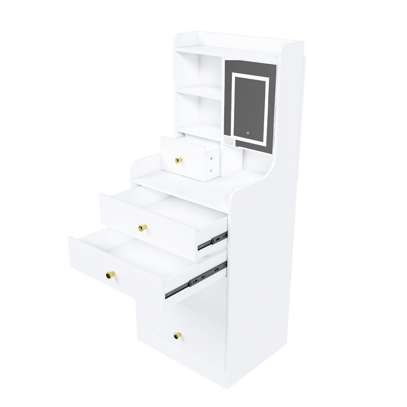 Compact 31 Dressing Table With Led Lighting, Hidden Stool, 4 Drawers & Storage Compartments - White Medium Density , Great For Bedroom And Makeup Adjustable , Padded Stool Open Wood