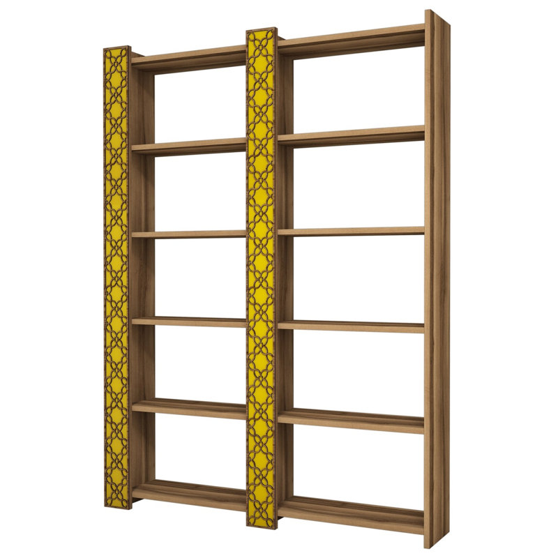 Stylish Geometric Bookshelf, Walnut & Yellow, 72.7 x 66.9 x 9.5 inches | 100% Melamine Coated Particle Board, 0.71 inches Thick | Wall-Mountable with Numerous Shelves, Perfect for Modern & Oriental Decor