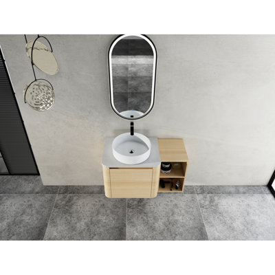 36'' Wall - Mounted Bathroom Vanity With Ceramic Art Sink, Storage Shelves, Soft Close Door, Kd Packing. Contemporary Style, Material, Quiet Closing Functionality American White Oak Colour, Smooth