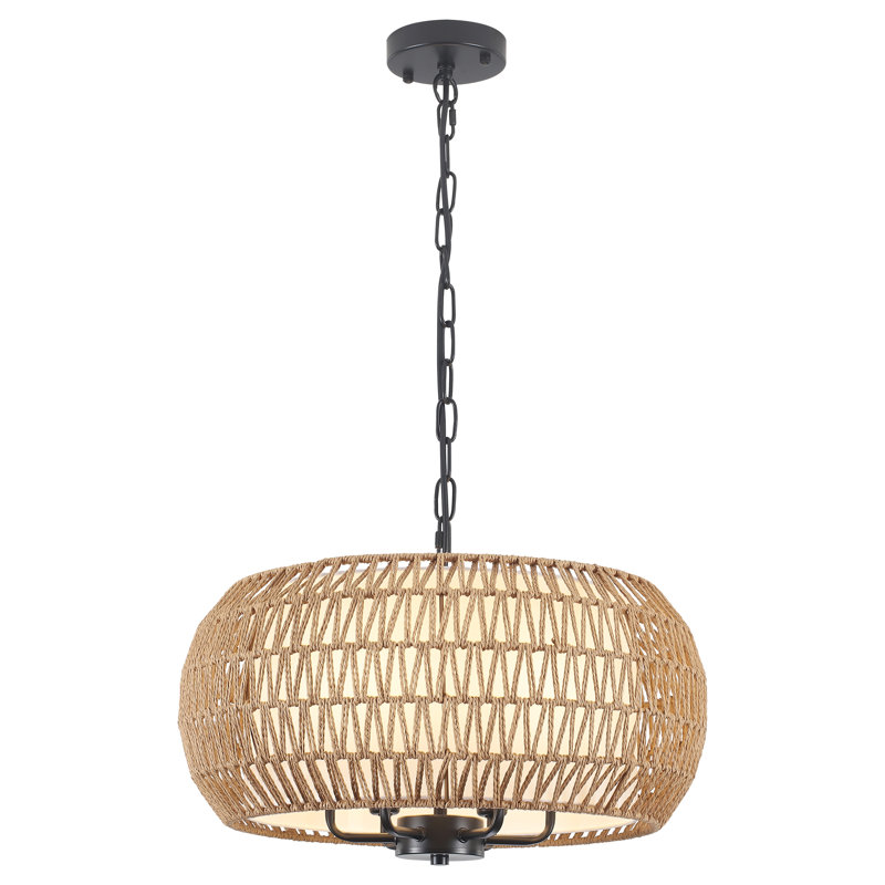 Lustre cylindrique bohémien à 6 lumières 18,89 po à intensité variable en rotin naturel, Noir, noir, noir, noir