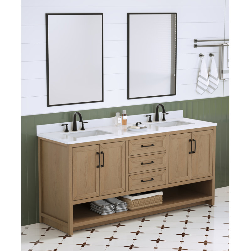 Meuble-lavabo double 72 po Maxbano avec plateau en pierre blanche