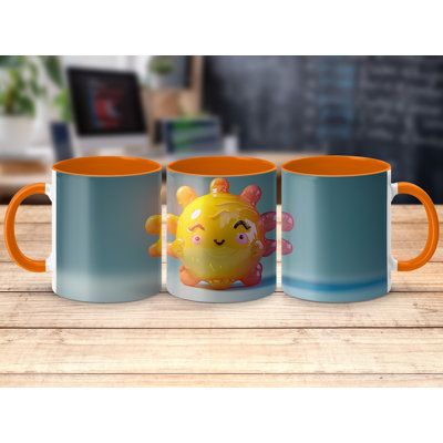 Set of 4 3D Design 11oz Accent Mugs – Ceramic Coffee Cups with an Orange Handle and Interior