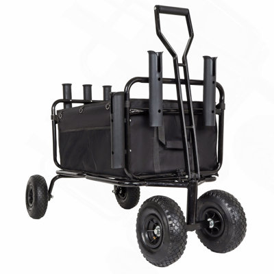 Chariot de plage et de pêche robuste avec roues tout-terrain de 25 cm (9,85 po) pour le sable, capacité de 250 kg (550 lb), pliable, avec porte-cannes, porte-parapluie et poches, noir