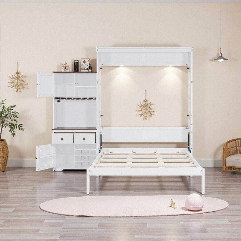 Grand lit escamotable avec armoire de rangement, support à vin, porte-verre, tiroirs et bande DEL multicolore, Blanc
