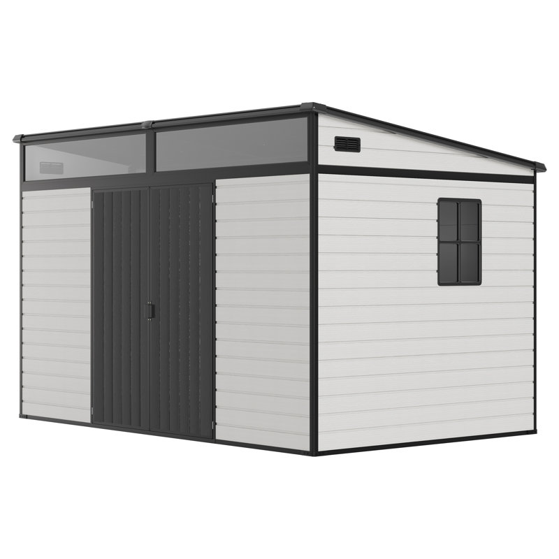 10' X 7' Resin Storage Shed With Floor, Double Doors, Sloped Roof, Skylights, Window & Vents, 80′H x 84′W x 121′D