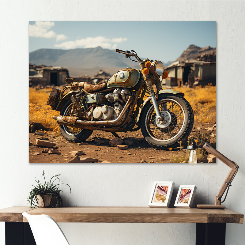 Rustic Adventure - Moto - Décoration murale moto, H 24 po x l 32 po x P 1 po, Toile tendue