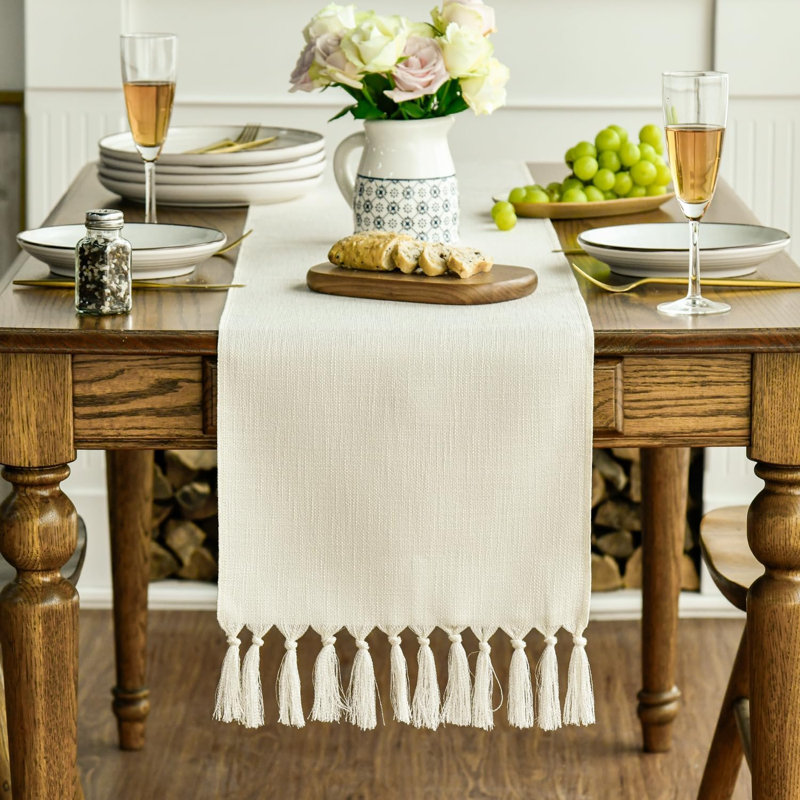 Beige Tassel Table Runner, Boho Linen Blend Rustic Farmhouse Style Kitchen Table Decoration Holiday Wedding Party