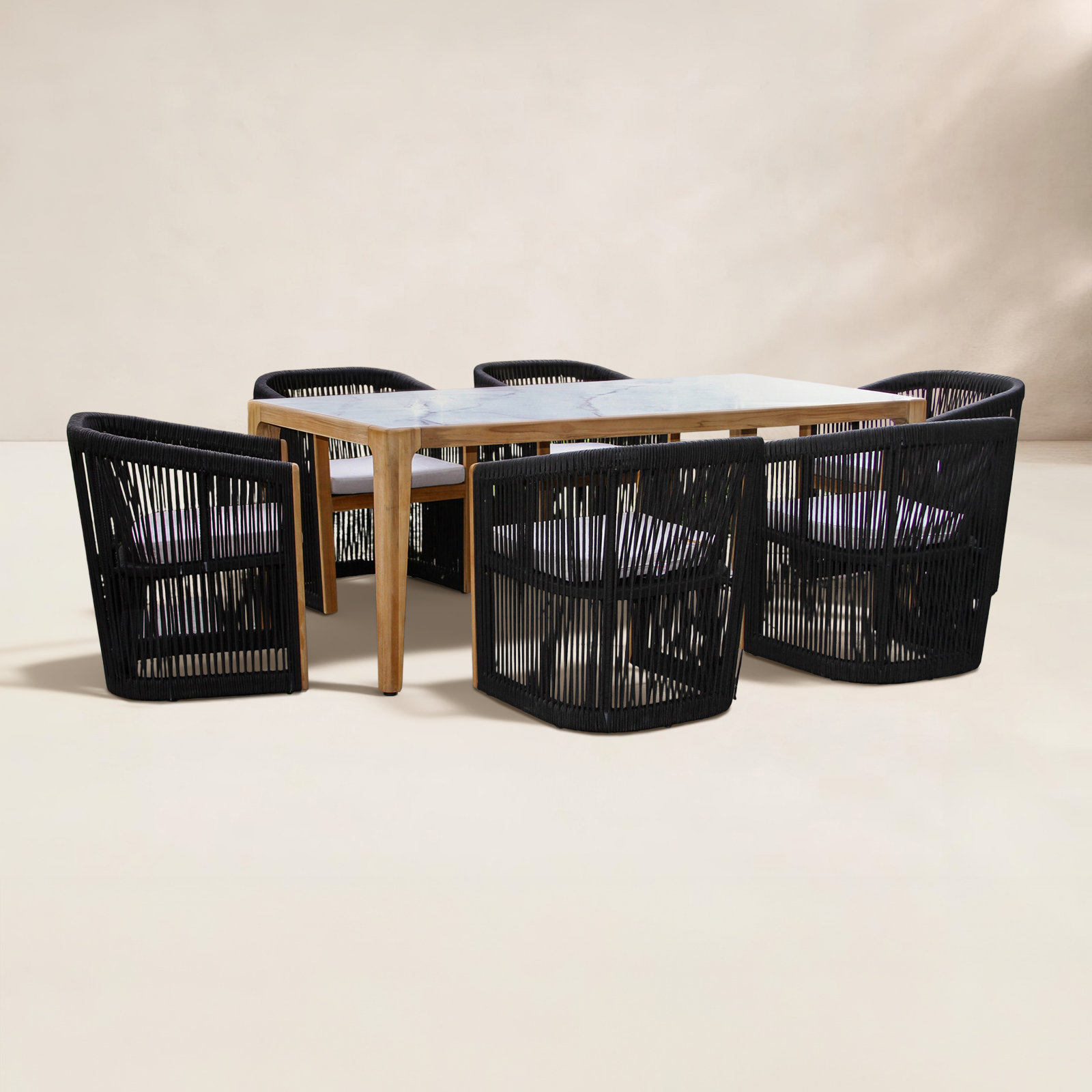 Aniston 7 Piece Teak & Stone Dining Set with Sunbrella Cushions, White