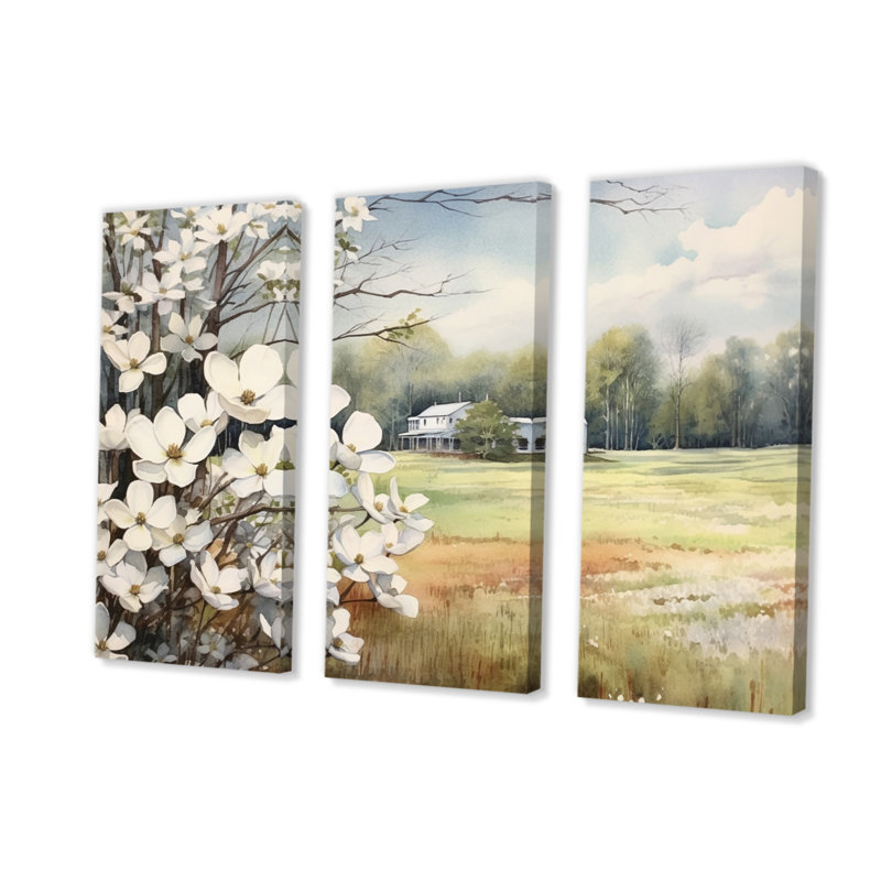 Cornouiller blanc et gris à la ferme I - Ensemble d'impressions sur toile florales, H 28 po x l 36 po x P 1 po