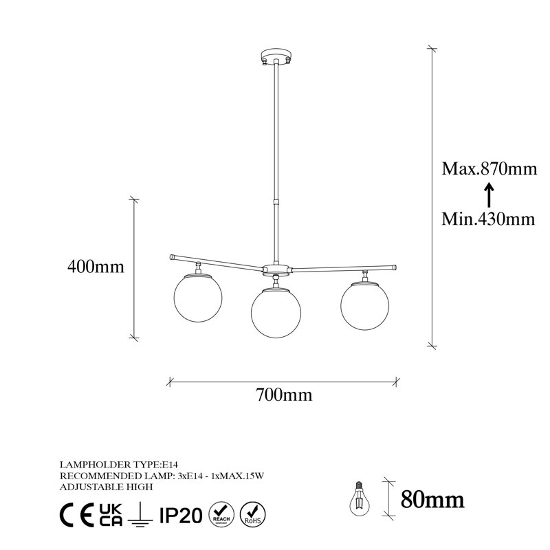 Lustre en forme de globe à 3 lumières pour îlot de cuisine, H 13,5 po x l 13,5 po x P 10,9 po, Bronze