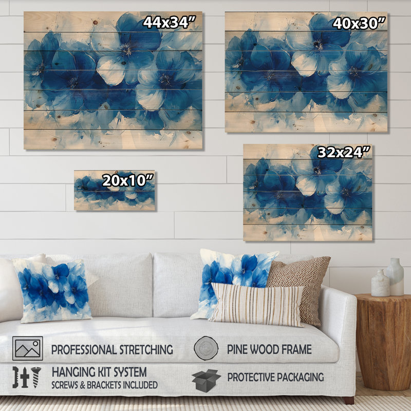 Blue Wildflowers Rainbow In The Grass II - Wildflowers Wood Wall Decor - On Natural Pine Wood, 10" H x 20" W x 0.78" D