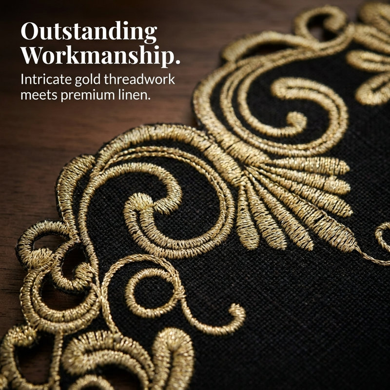 Flordia Floral Embroidered Doilies Round Placemats of Chantelle Collection for Dining Table Christmas Decor, Black/Gold
