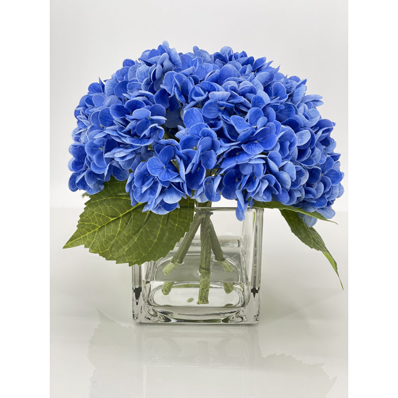 Véritable hydrangées dans un vase, arrangement de fausses fleurs artificielles, Bleu