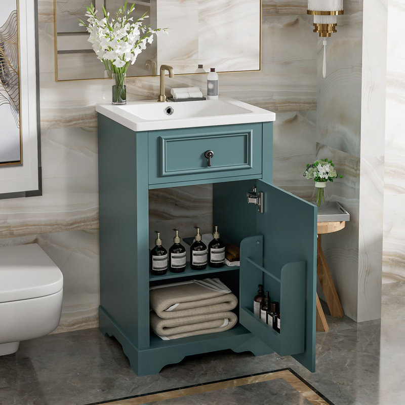 Meuble-lavabo de 20 pouces avec lavabo en céramique, porte à fermeture douce, tablette réglable et support de rangement fixé à la porte - idéal pour les petites salles de bain