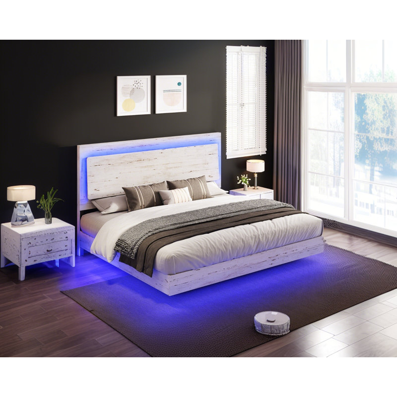 Très grand lit flottant avec lumière DEL Tryston, blanc, Blanc, Très grand