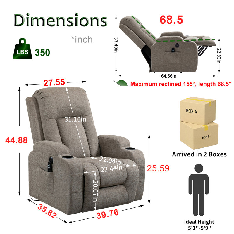 Chemika 39.76" W Oversize Velvet Power Liftable Reclining with Massager and Heated Cushion, Brown
