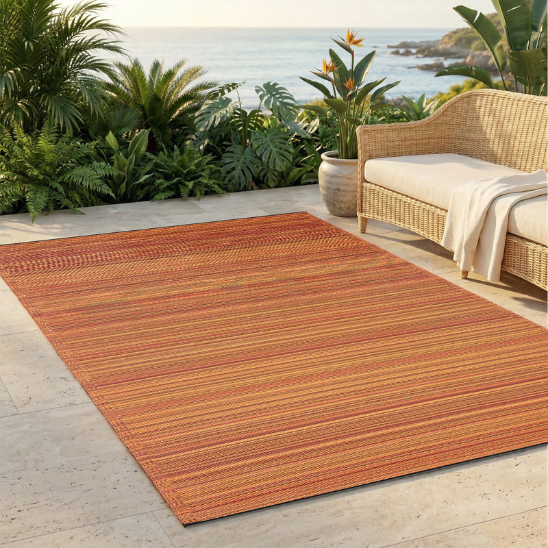 Stripe Bohemian Colorful Outdoor Rug - Waterproof, Crease-Free Fade Resistant, Reversible - Recycled Plastic - Patio Porch Balcony Deck Yard Garden - Cancun Terracotta