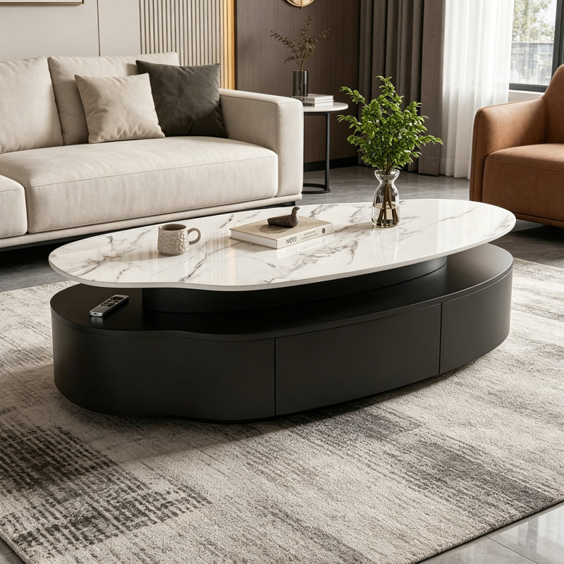 Table basse moderne et simple, 13.18" H x 47.24" L x 23.62" W, White/Gray/Black, Marble