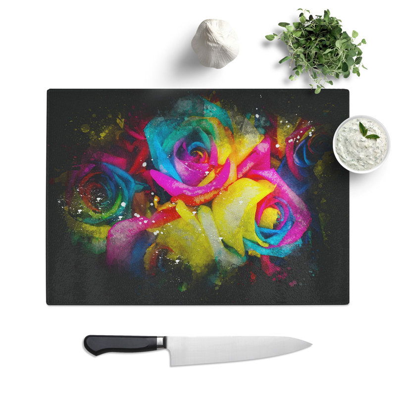 Tempered Glass Multi-Coloured Rainbow Roses Chopping Board, 20 cm x 28.5 cm