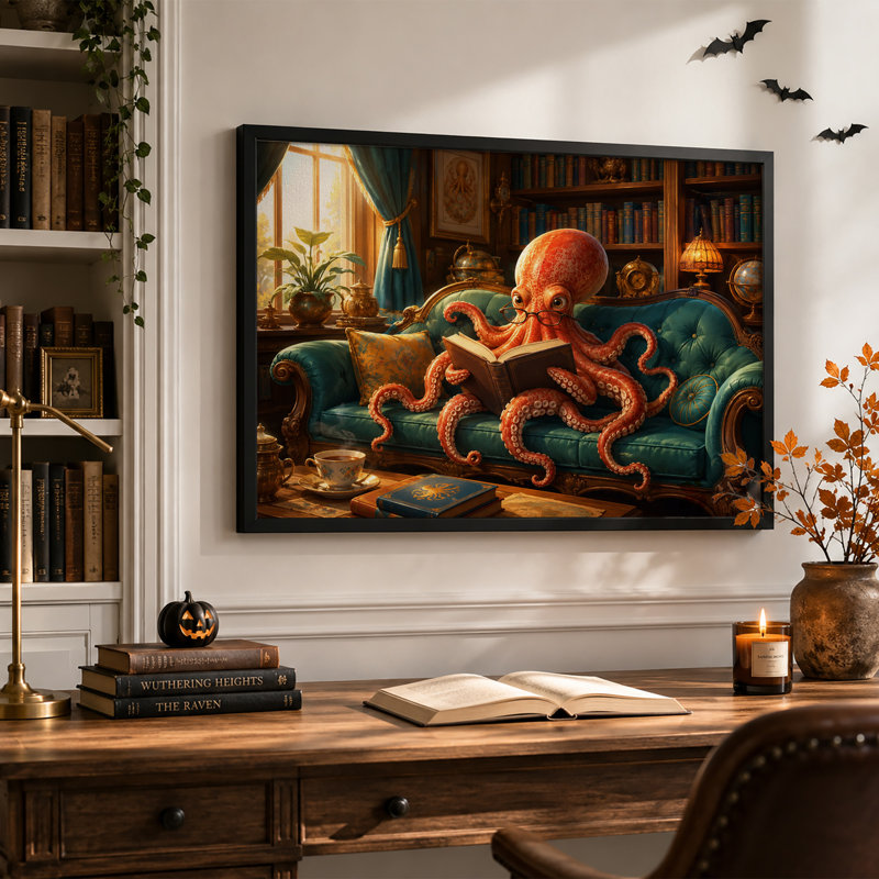 «Orange Octopus», lecture sur canevas bleu sarcelle capitonné, art mural d'Halloween, H 16 po x l 24 po
