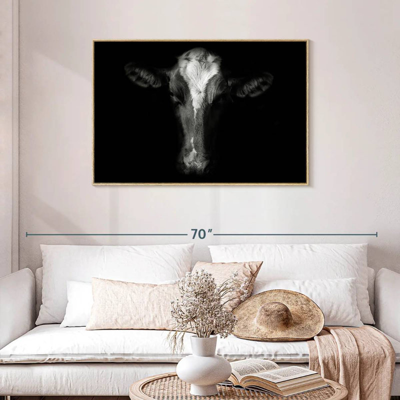 Monochrome Cow Face, 40" X 27", Floating Frame Natural Wood
