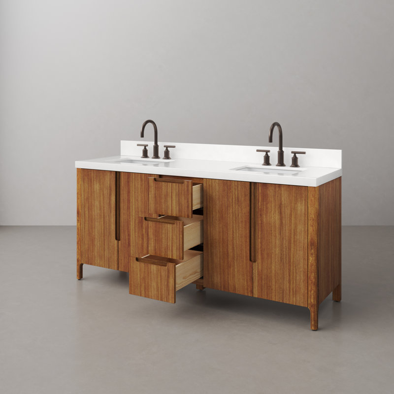 Sequoia 72 In. Double Sink Whitebrook Quartz Countertop Bath Vanity in Mango Wood With Gold Faucet, Mango Wood