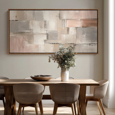 Très grand rosé, beige, gris, blocs géométriques abstraits, impression sur toile encadrée minimaliste