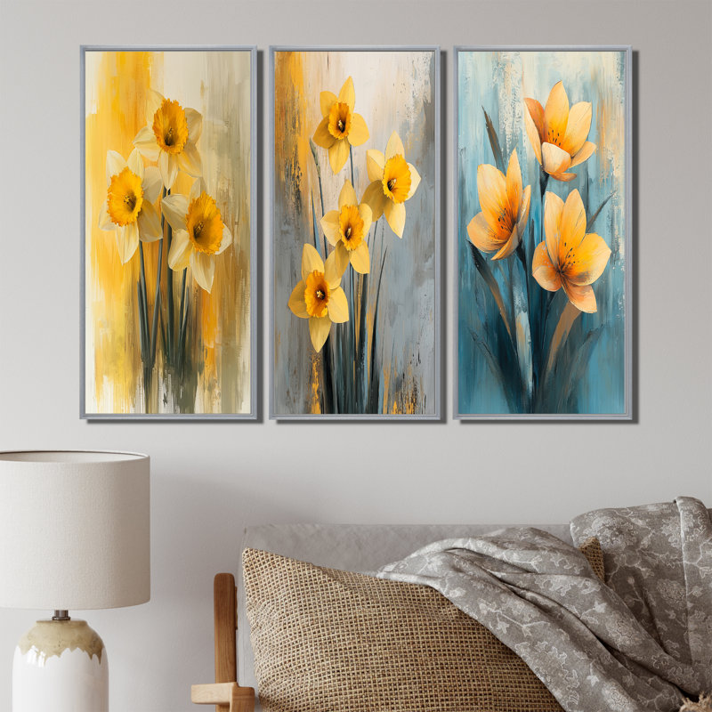 Silencieux jonquille minimaliste fleurs I - Collection d'art mural jonquilles, H 28 po x l 36 po, Argent argent