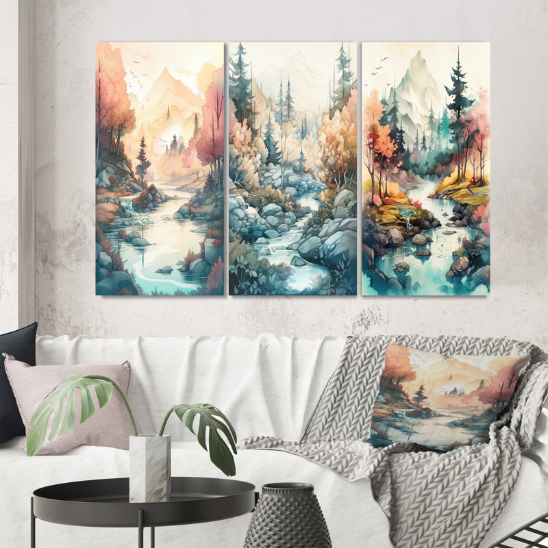 «Colored Mountains And River», 3 pièces sur toile, Toile tendue, H 20 po x l 36 po