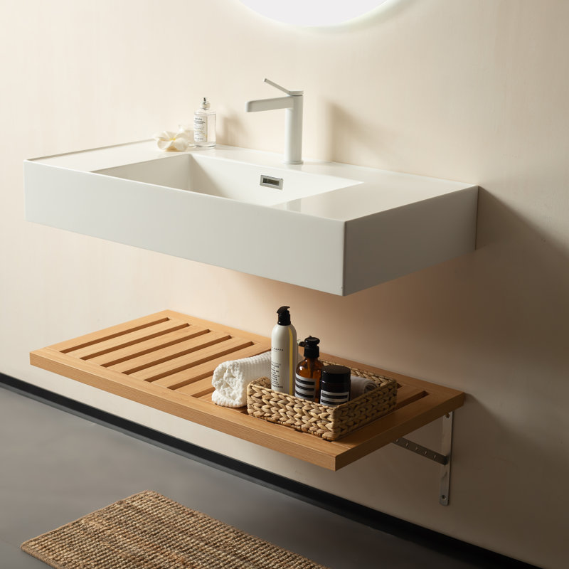 Lede 30" Bathroom Vanity , Wall-mounted Floating White Rectangular Engineered Stone Basin Without Faucet, Striped Shelves Layer, Nature Oak