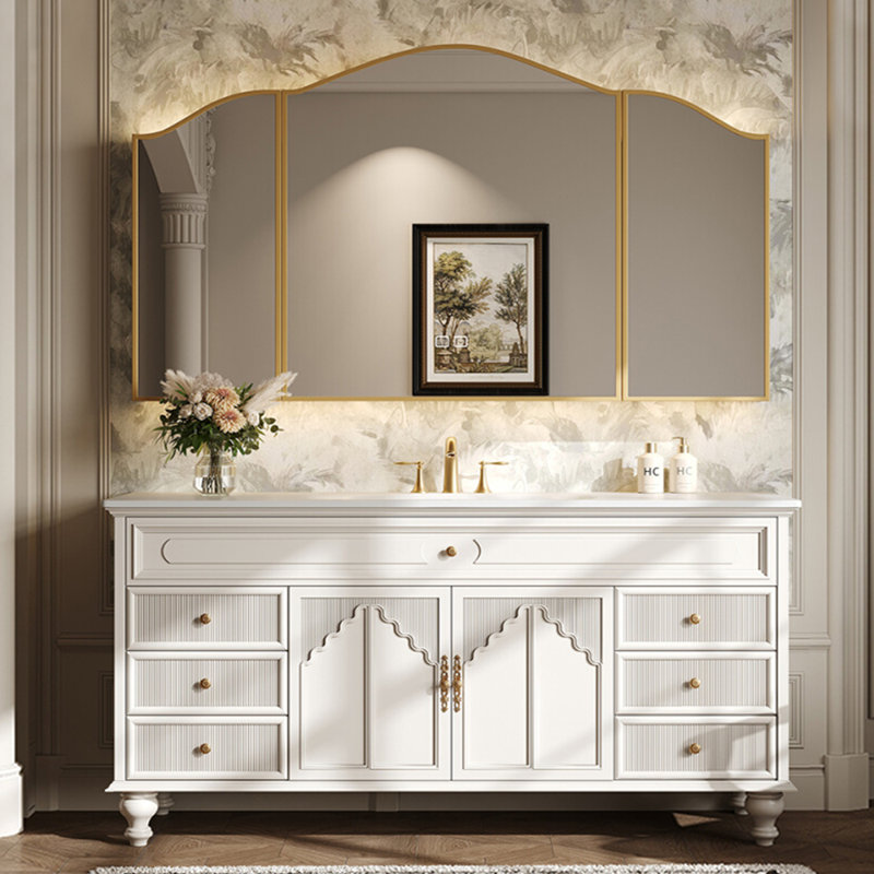 Meuble-lavabo de style rétro français, Blanc, H 33,5 po x l 70,9 po x P 21,7 po