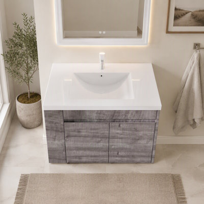 Meuble-lavabo flottant 30 po avec lavabo, armoire de contreplaqué murale, porte à fermeture en douceur, lavabo en céramique anti-débordement